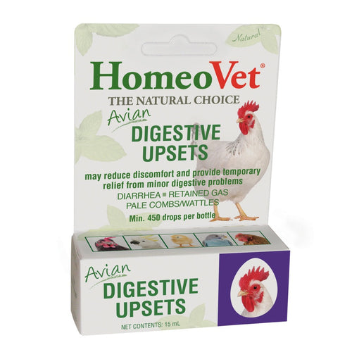 HomeoVet Avian Digestive Upsets packaging with a chicken illustration on a white background