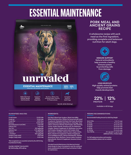 Unrivaled Essential Maintenance Pork Meal and Ancient Grains Recipe 22/12 Dog Food