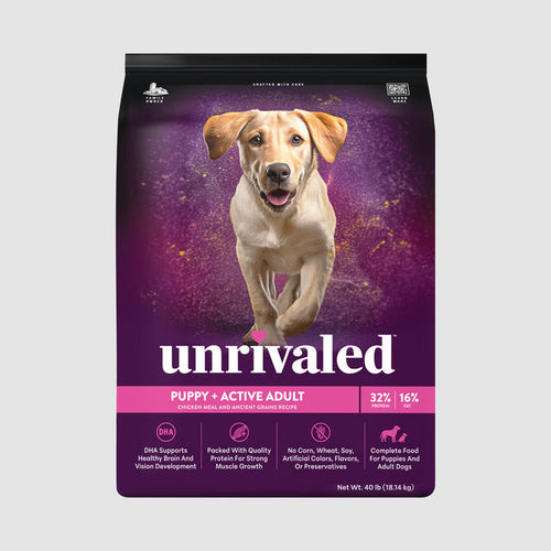 Unrivaled Puppy + Active Adult Chicken Meal and Ancient Grains Recipe 32/16 Dog Food